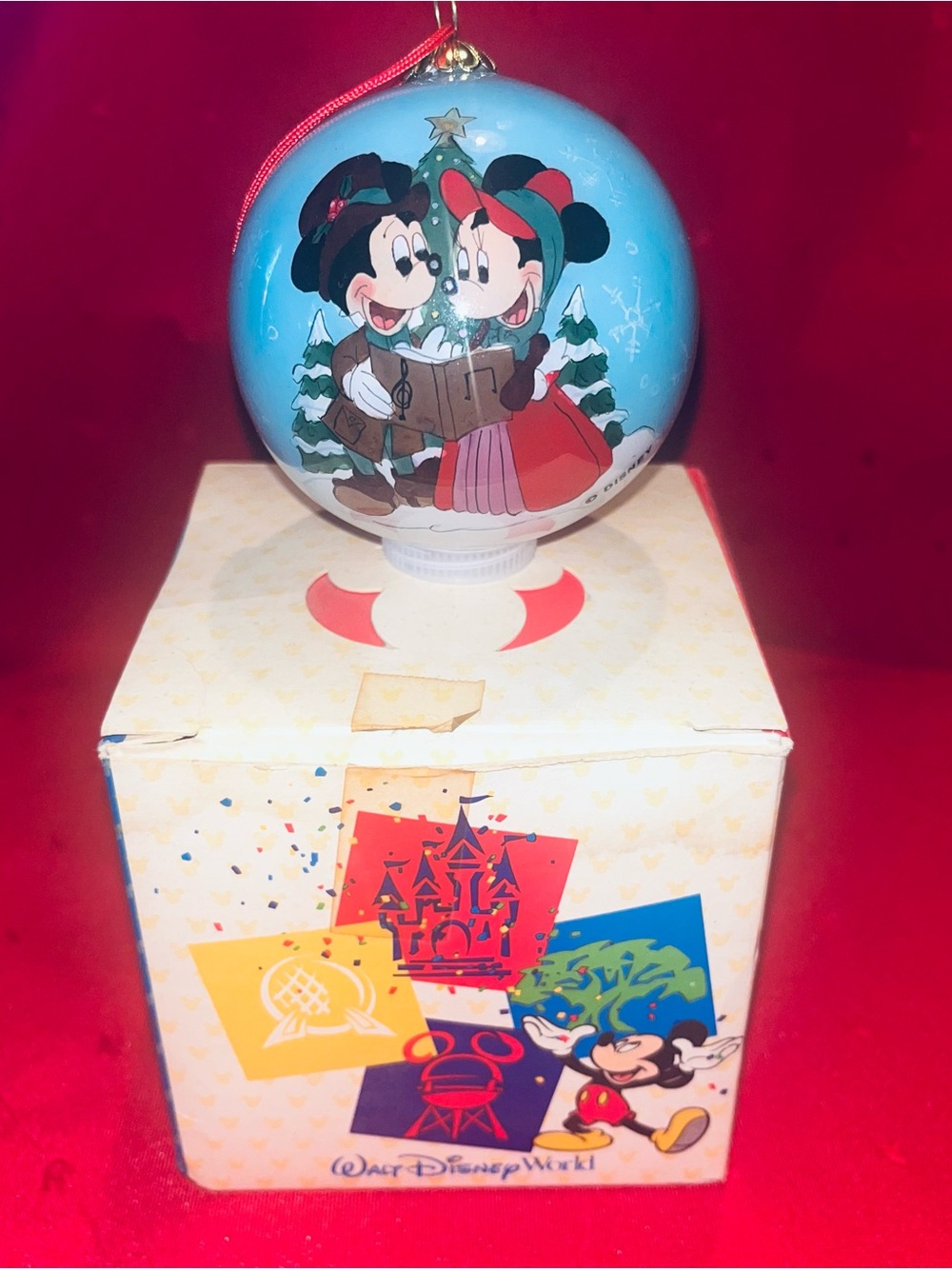 Unique Rare Collectible Disney Blue Mickey & Minnie Caroling Holiday Ornament